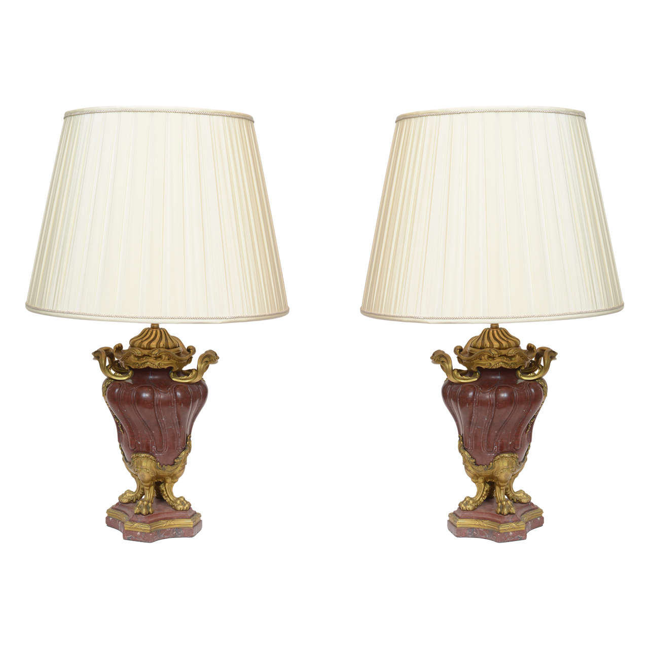Pair of French Spiral Cut Rouge Marble with Bronze-Mounted Lamps, circa 1880 For Sale