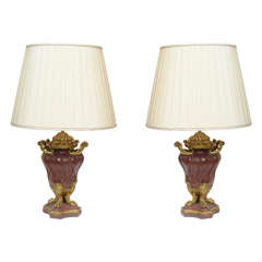 Pair of French Spiral Cut Rouge Marble with Bronze-Mounted Lamps, circa 1880