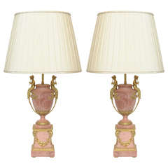 Beautiful Pair of French Neoclassical Rose Marble Lamps, circa 1880