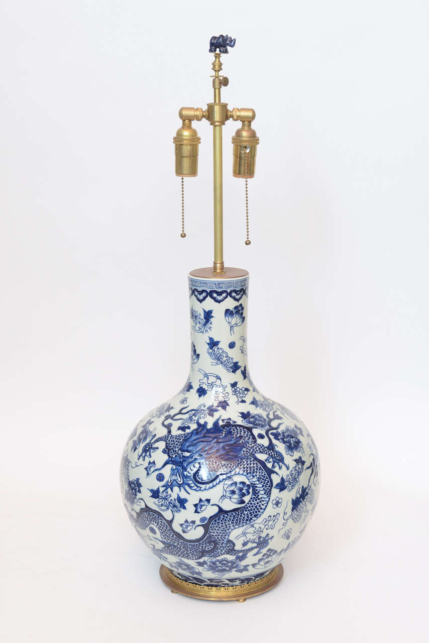 Pair of Chinese Porcelain Raised Relief Dragon Bottle Shaped Lamps 3