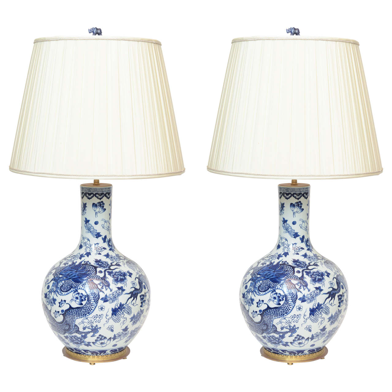 Pair of Chinese Porcelain Raised Relief Dragon Bottle Shaped Lamps