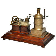 Antique Brass Stationary Steam Engine on Walnut Base, France, 1870