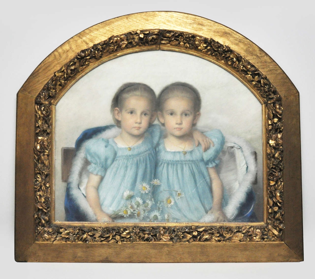 Pastel Portrait of Two Sisters, Vienna, Circa 1910
Shaped Gilt Oak and Gesso Frame. 
Indistinctly signed and dated 1894.