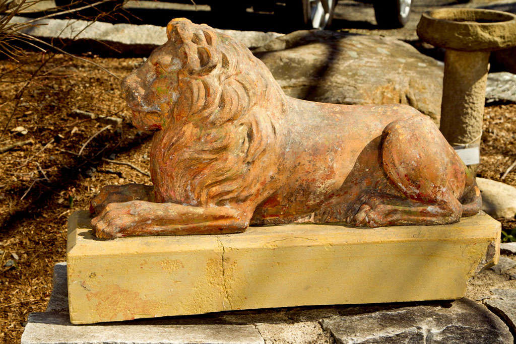 Early Victorian Regal Recumbent English 19th Century Fireclay Lion on Integral Yorkstone Base