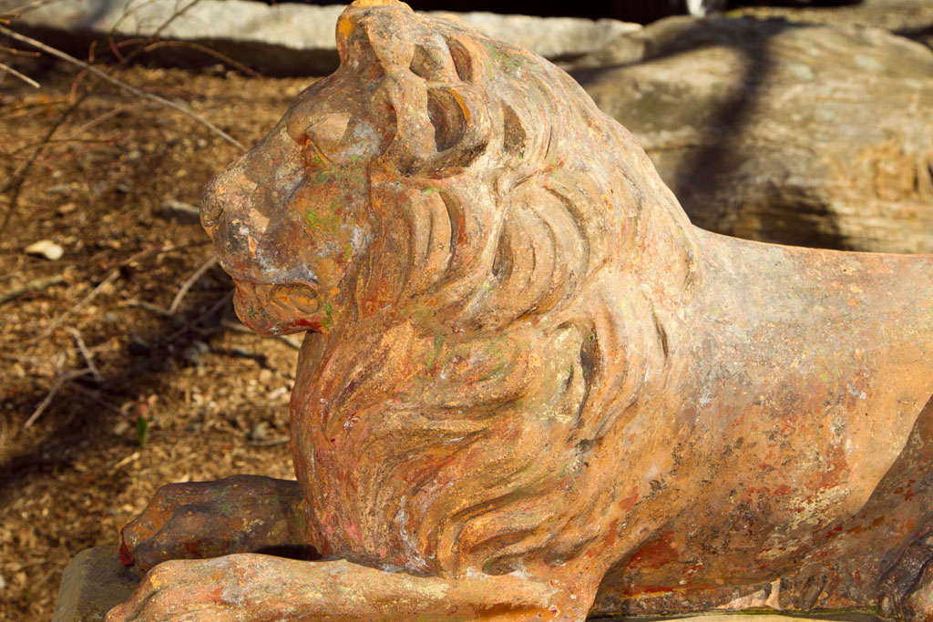 Hand-Carved Regal Recumbent English 19th Century Fireclay Lion on Integral Yorkstone Base