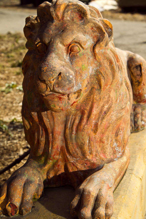 Regal Recumbent English 19th Century Fireclay Lion on Integral Yorkstone Base In Fair Condition In Woodbury, CT