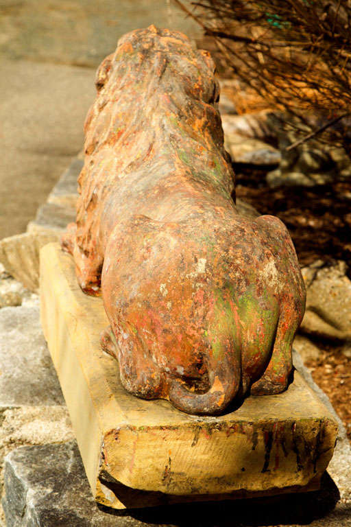 Stone Regal Recumbent English 19th Century Fireclay Lion on Integral Yorkstone Base