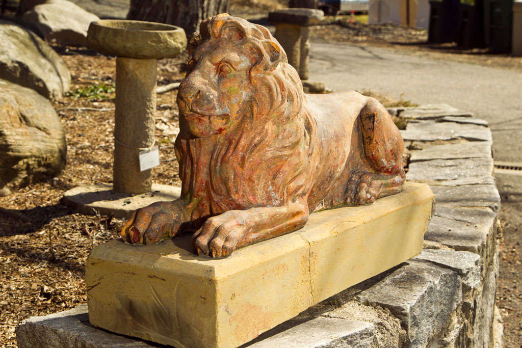 We were thrilled to find this rare and regal fireclay lion integrally mounted on a carved Yorkstone plinth in the rural Midlands of England, even though he was covered in bright red paint. After lifting more than 40 coats of red, green, yellow,