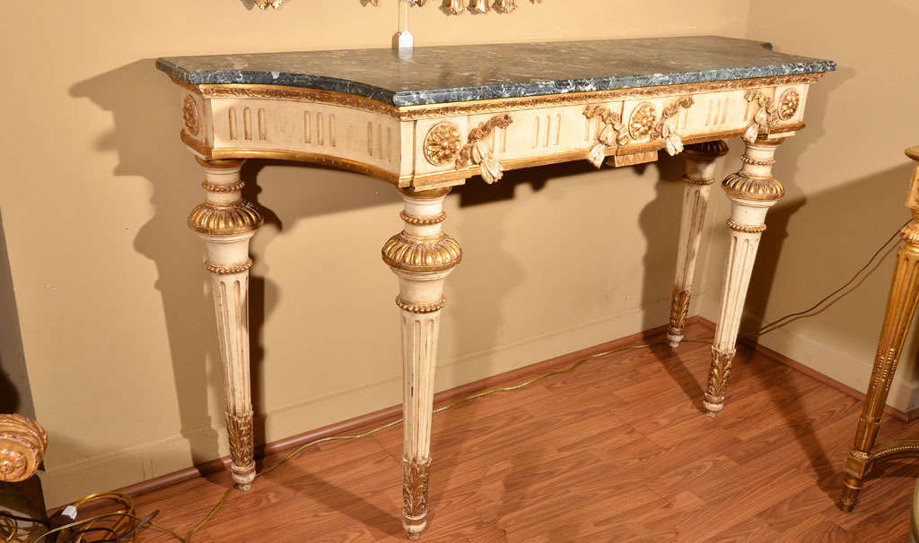 19th c Louis XVI painted and parcel gilt console with verde marble top