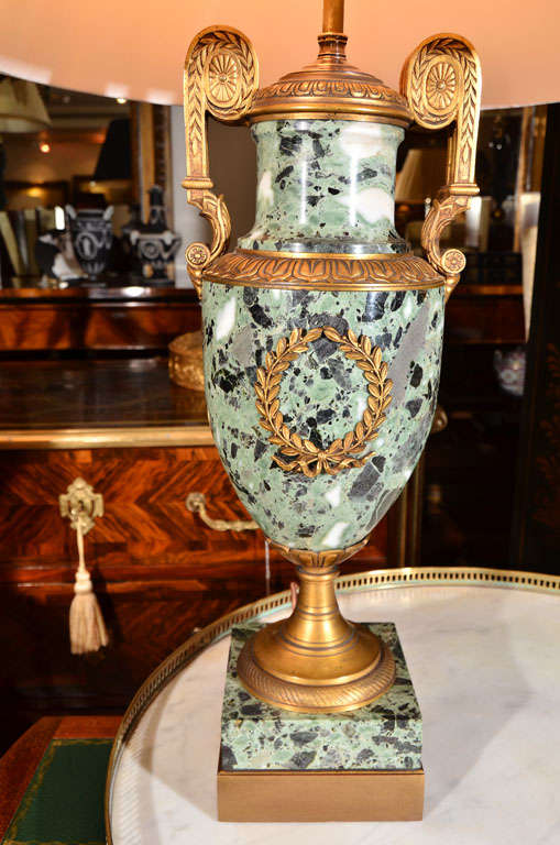 Gilt 19th c Empire marble and bronze dore urn lamps
