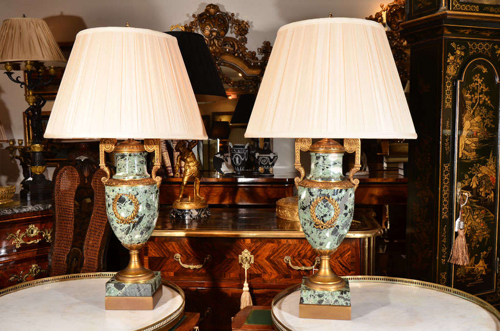 Pair of 19th c Empire marble and bronze dore urn lamps