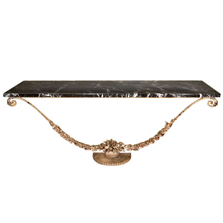 French Art Deco White Gold Gilded Iron Console with Marble Top For Sale