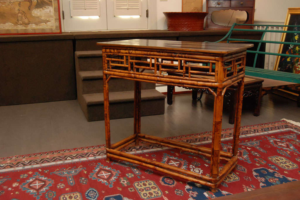 Chinese bamboo console table with black lacquer top, 19th century.

PICK UP LOCATION:
NAGA NORTH INC
536 Warren Street
Hudson, NY 12534
518-828-8585
naganorth@gmail.com
