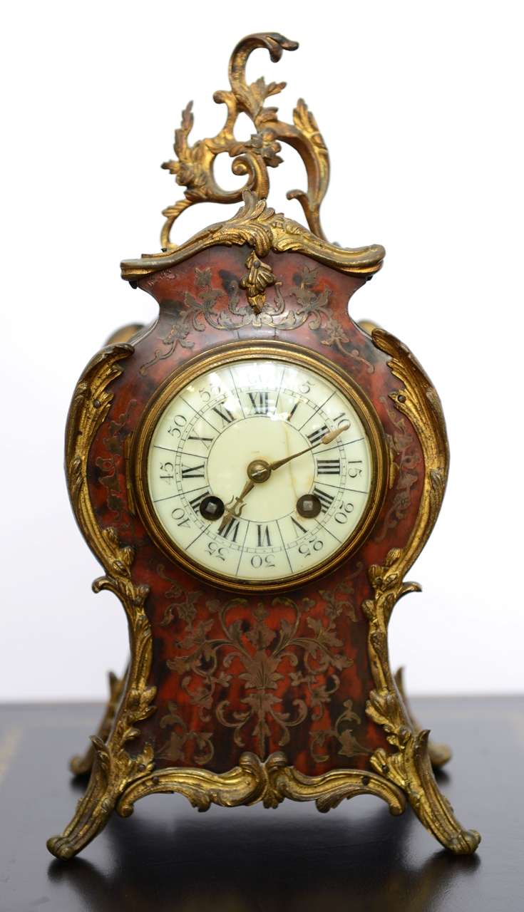 19th C Boule Style Bronze Ormolu & Tortoise Shell Mantel Clock