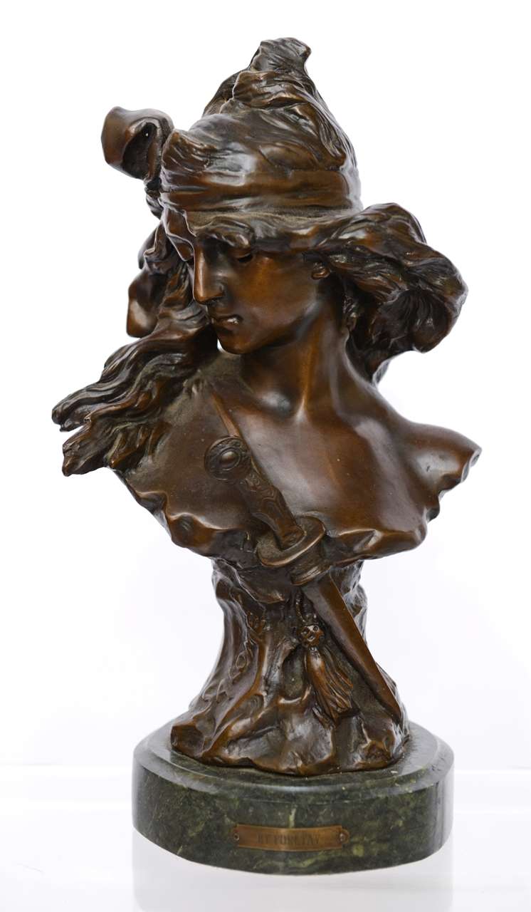 Signed by listed artist Jean Fortay, resting on a Green Marble base
from the Art Nouveau period.