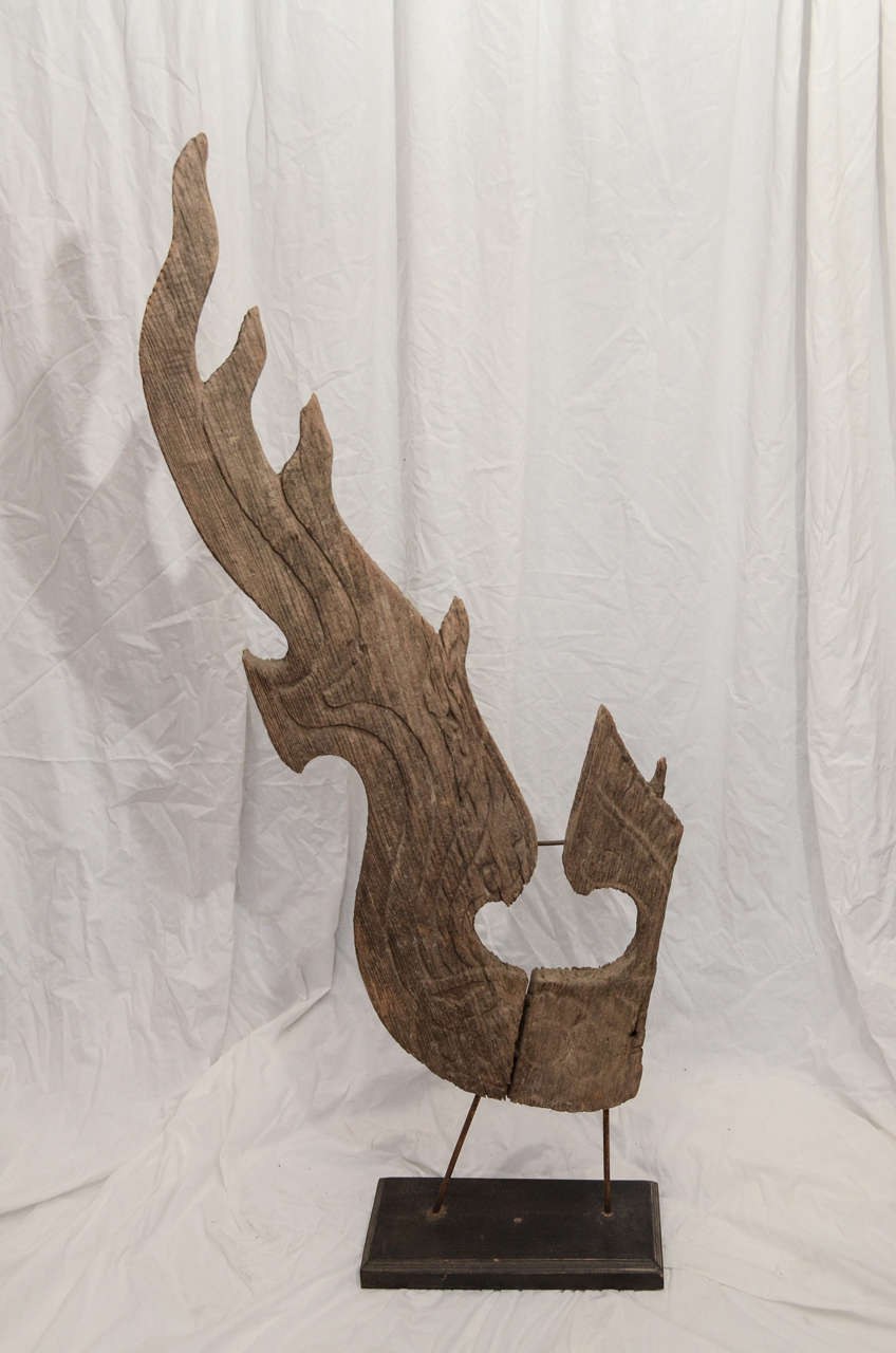 19th Century Mounted Architectural Thai Temple Carvings-Chow Fah In Distressed Condition For Sale In East Hampton, NY