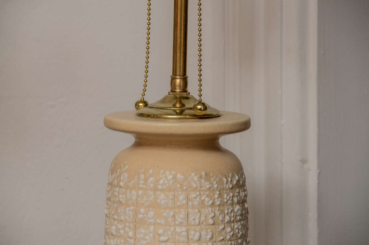 Mid-Century Modern Pair of Tall Textured Ceramic Table Lamps with Brass Accents