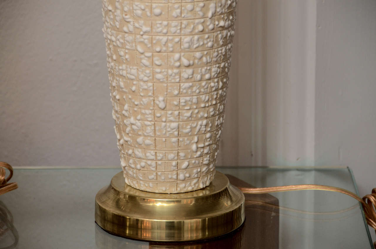 American Pair of Tall Textured Ceramic Table Lamps with Brass Accents