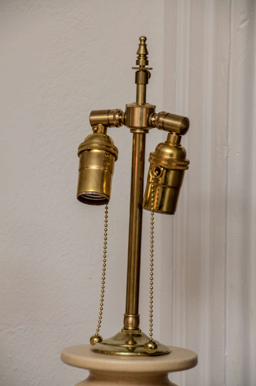 Pair of Tall Textured Ceramic Table Lamps with Brass Accents In Excellent Condition In Bridgehampton, NY