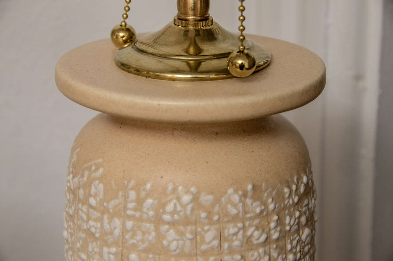 Mid-20th Century Pair of Tall Textured Ceramic Table Lamps with Brass Accents