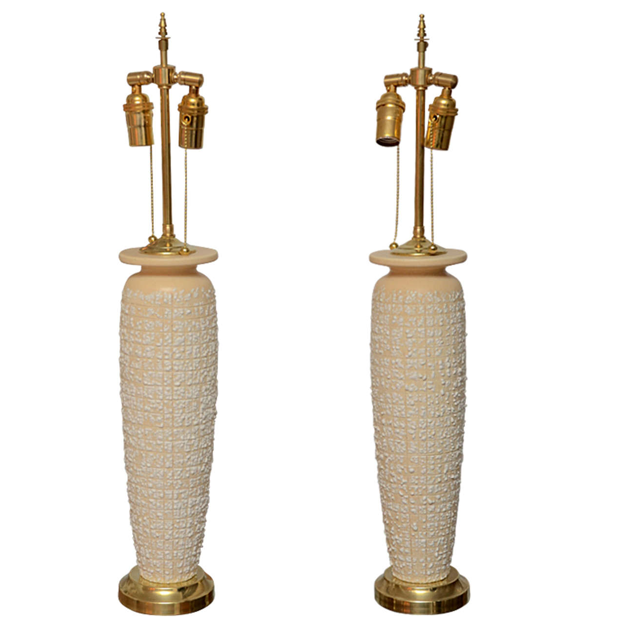 Pair of Tall Textured Ceramic Table Lamps with Brass Accents