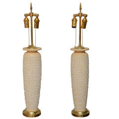 Pair of Tall Textured Ceramic Table Lamps with Brass Accents