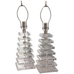 Pair of Table Lamps Composed of Stacked Lucite Square Elements 12