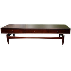 Dark Walnut Coffee Table With Drawers And Chrome Pulls