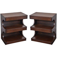Vintage Pair of Tiered Wooden Tables with Drawers