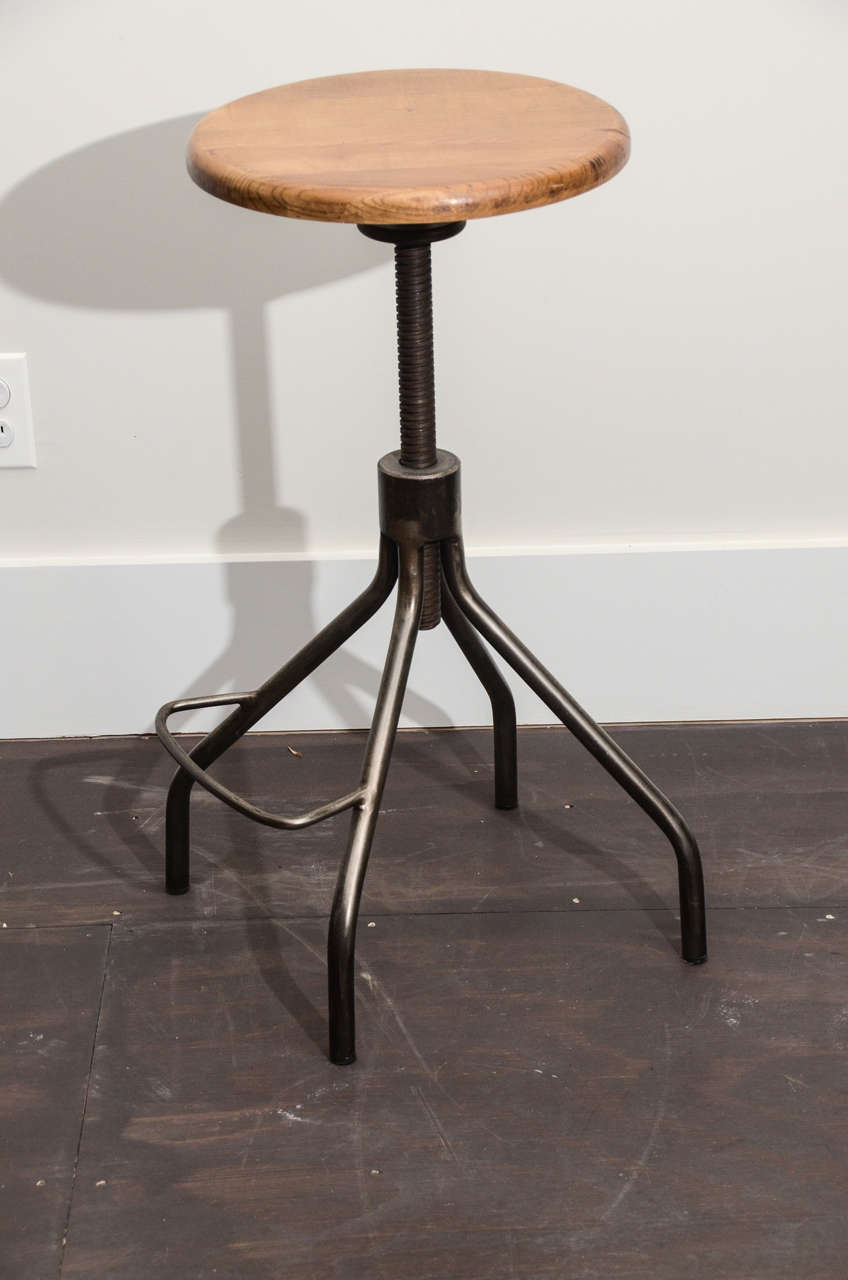 Industrial Stool with Adjustable Wooden Screw Top In Excellent Condition In New York City, NY