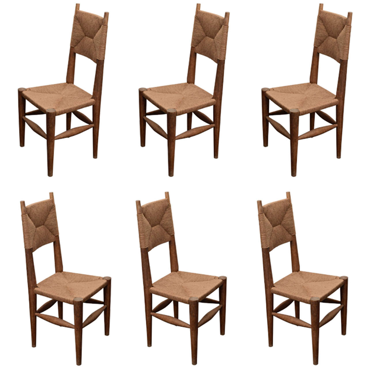 Set of 6 Charlotte Perriand Rush Dining Chairs