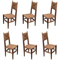 Vintage Set of 6 Charlotte Perriand Rush Dining Chairs