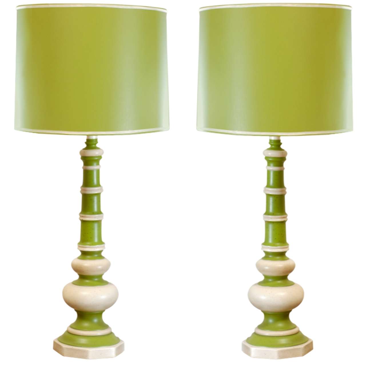 Pair of Vintage Ceramic Lamps in Lime and Cream For Sale