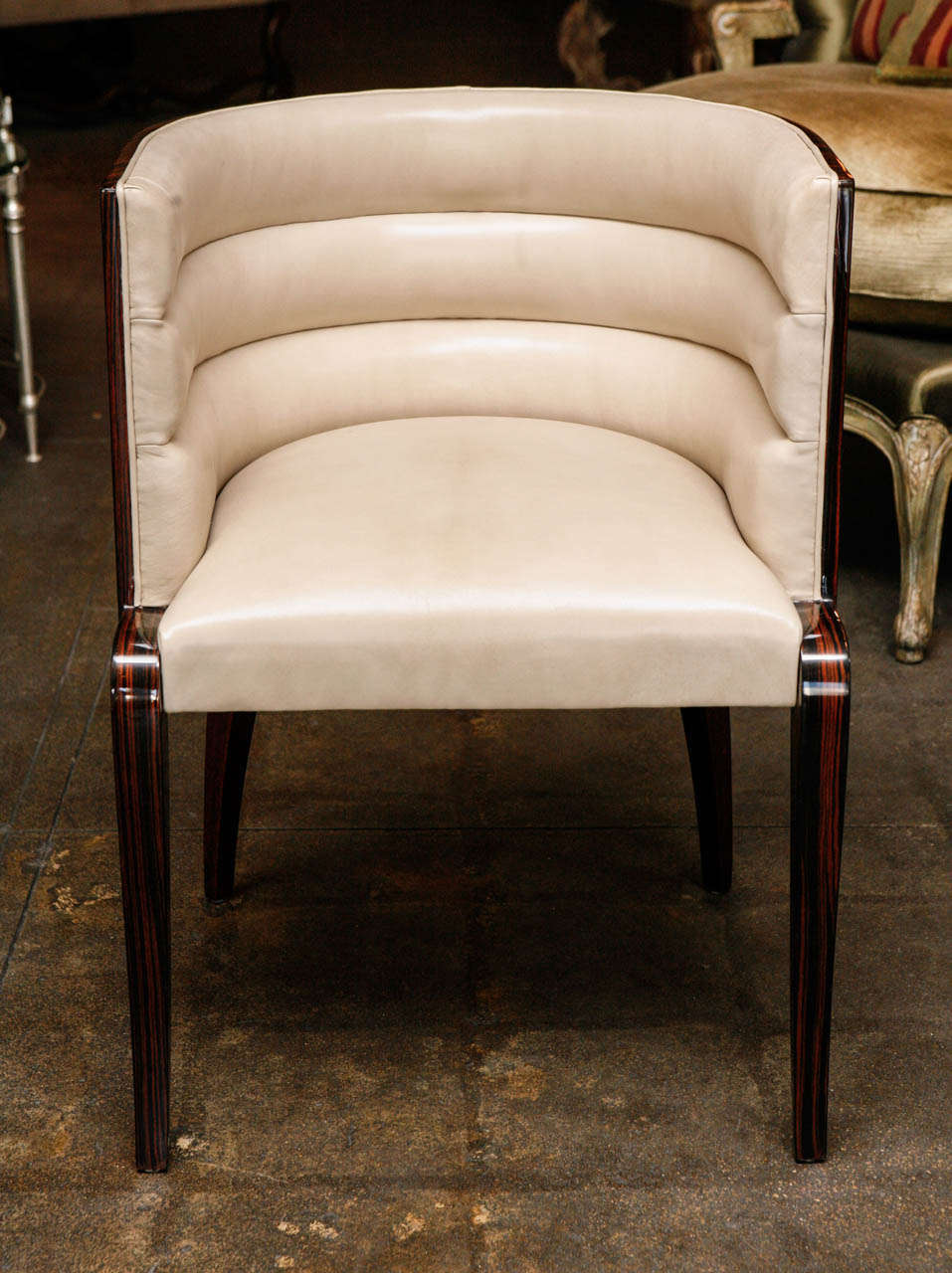Macassar vanity chair, perfect size for an elegant vanity area. Tufted channel back is exquisite with white leather.