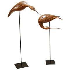 Pair of Carved Wooden Birds on Metal Stands