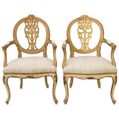 Pair of Giltwood Fauteuils with Elaborate Pierced Carved Back