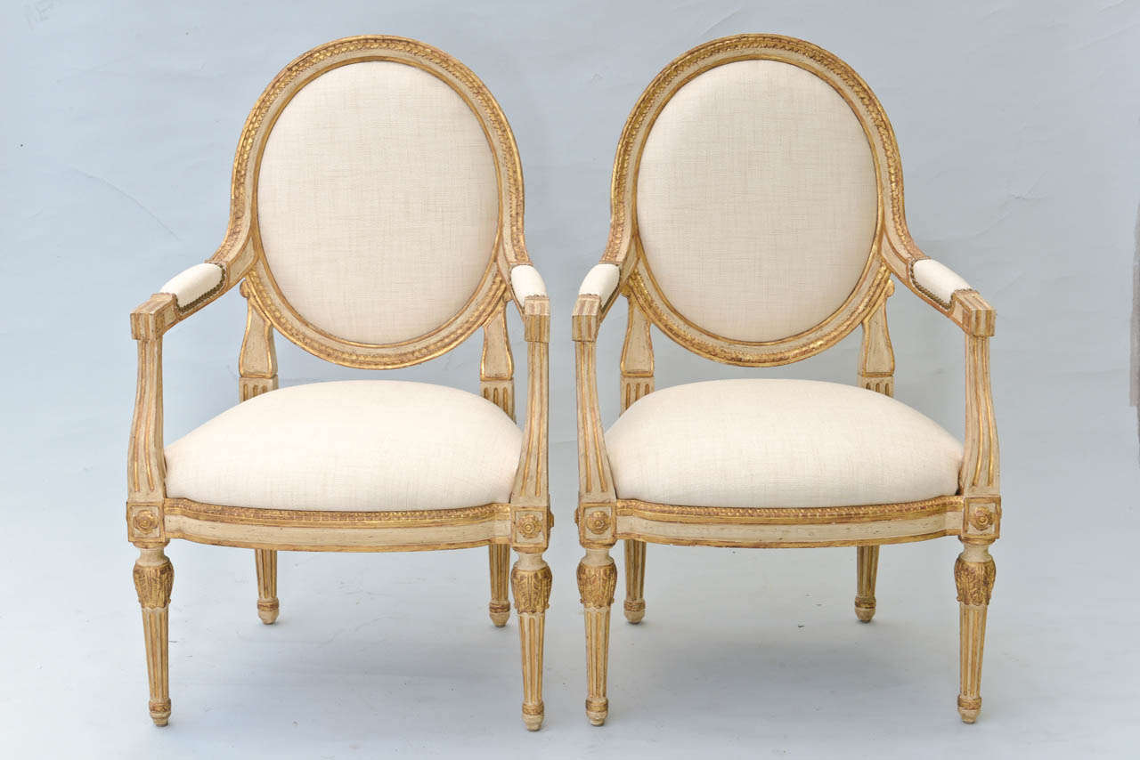Pair of Painted and Parcel Gilt Fauteuils, Circa 1900