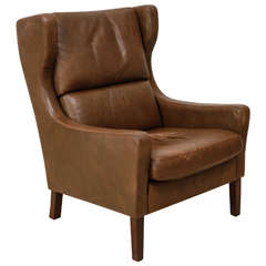 High Back Danish Leather Lounge Chair in the Style of Borge Mogensen