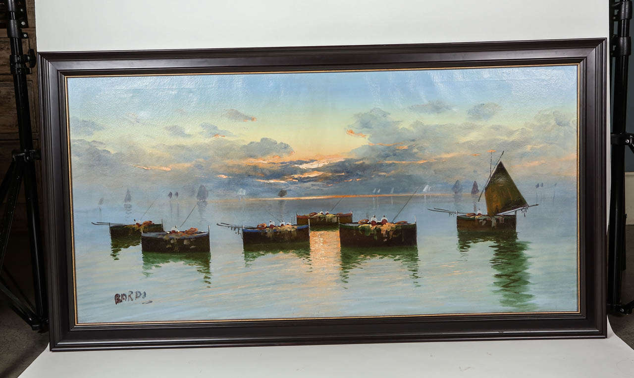 Vintage Oil Painting of Boats on the Sea at Sunrise-Signed “Bardi” Newly Framed