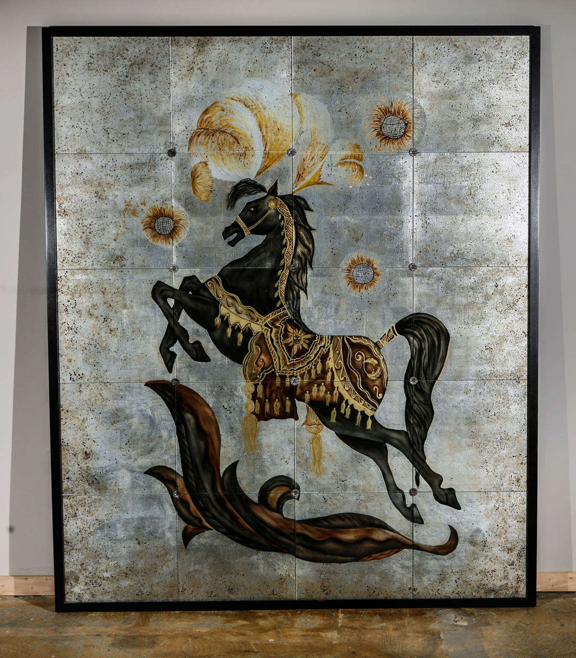 Very large framed verre eglomise of a stallion, 1930s-40s style, hand painted with white gold.