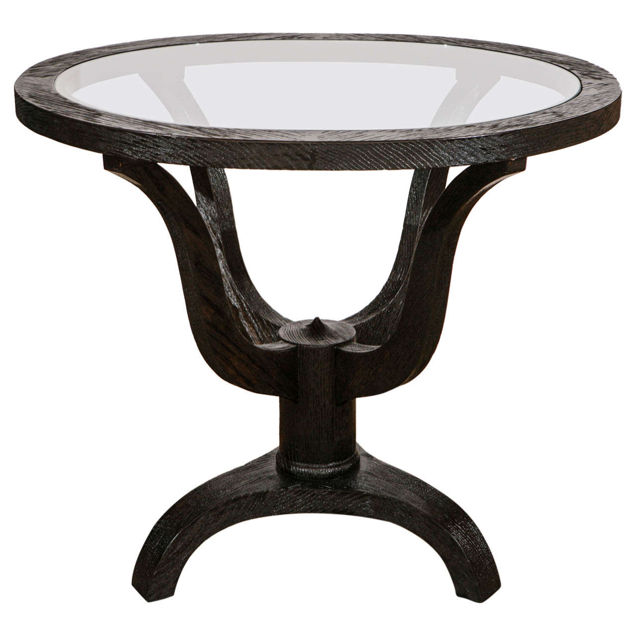 Distressed Ebonized Oak Oval Side Table with Glass Top