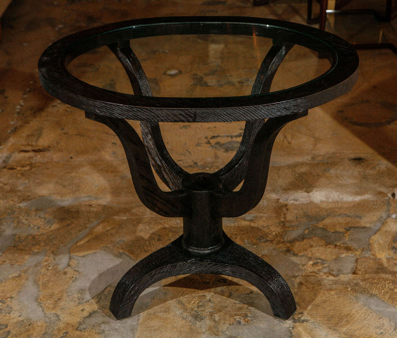 American Distressed Ebonized Oak Oval Side Table with Glass Top