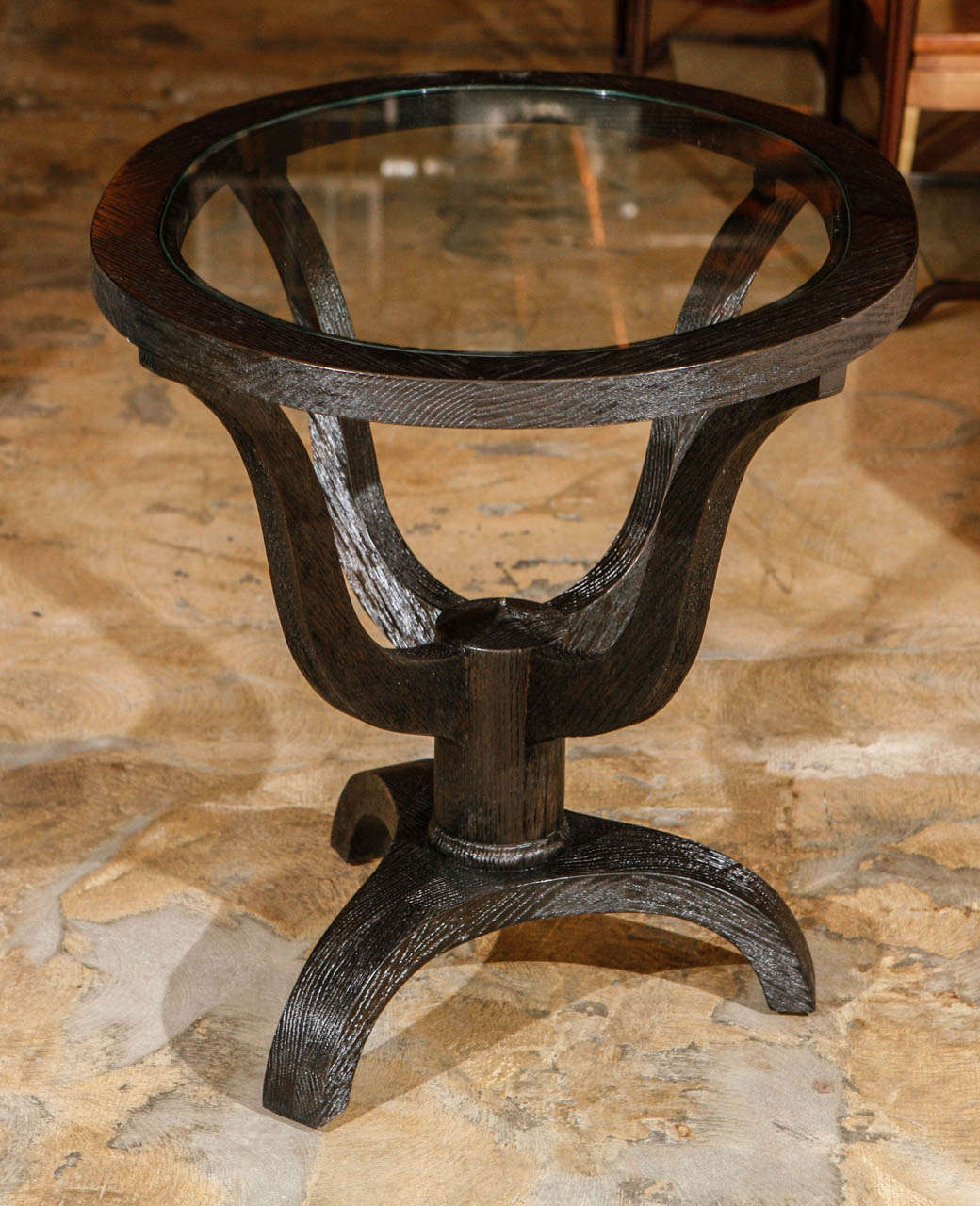 Distressed Ebonized Oak Oval Side Table with Glass Top 1