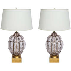 Vintage Pair of Italian Wrought Iron and Handblown Glass Table Lamps