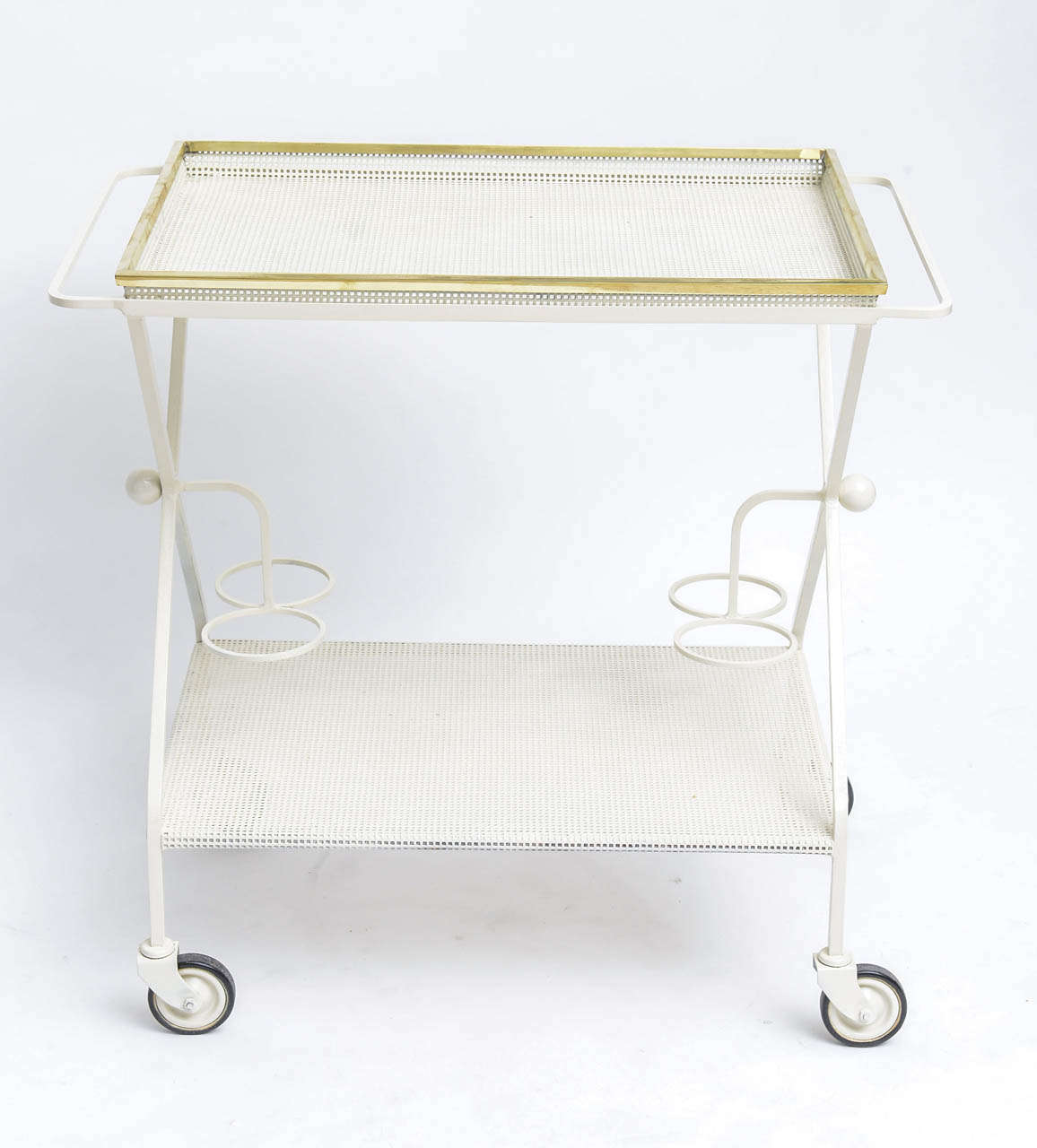Perforated metal bar cart in the manner of Mathieu Mategot, with bronze-edged, lift-off tray. We've had the bronze professionally polished, but left un-lacquered to allow natural tarnishing.