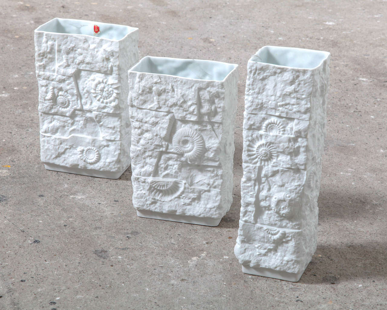 Mid-Century Modern Set of Three Ammonite Relief Kaiser Vases
