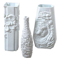 Group of Textural Ammonite White Porcelain Vases Designed by Kaiser