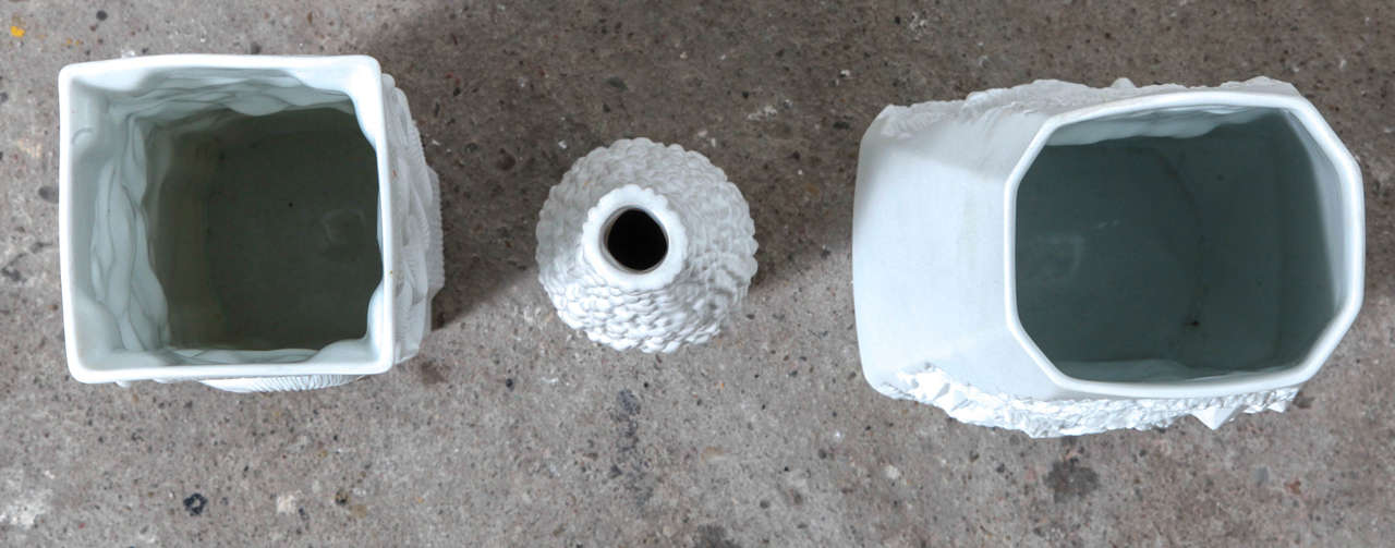 Mid-Century Modern Group of Textural Ammonite White Porcelain Vases Designed by Kaiser