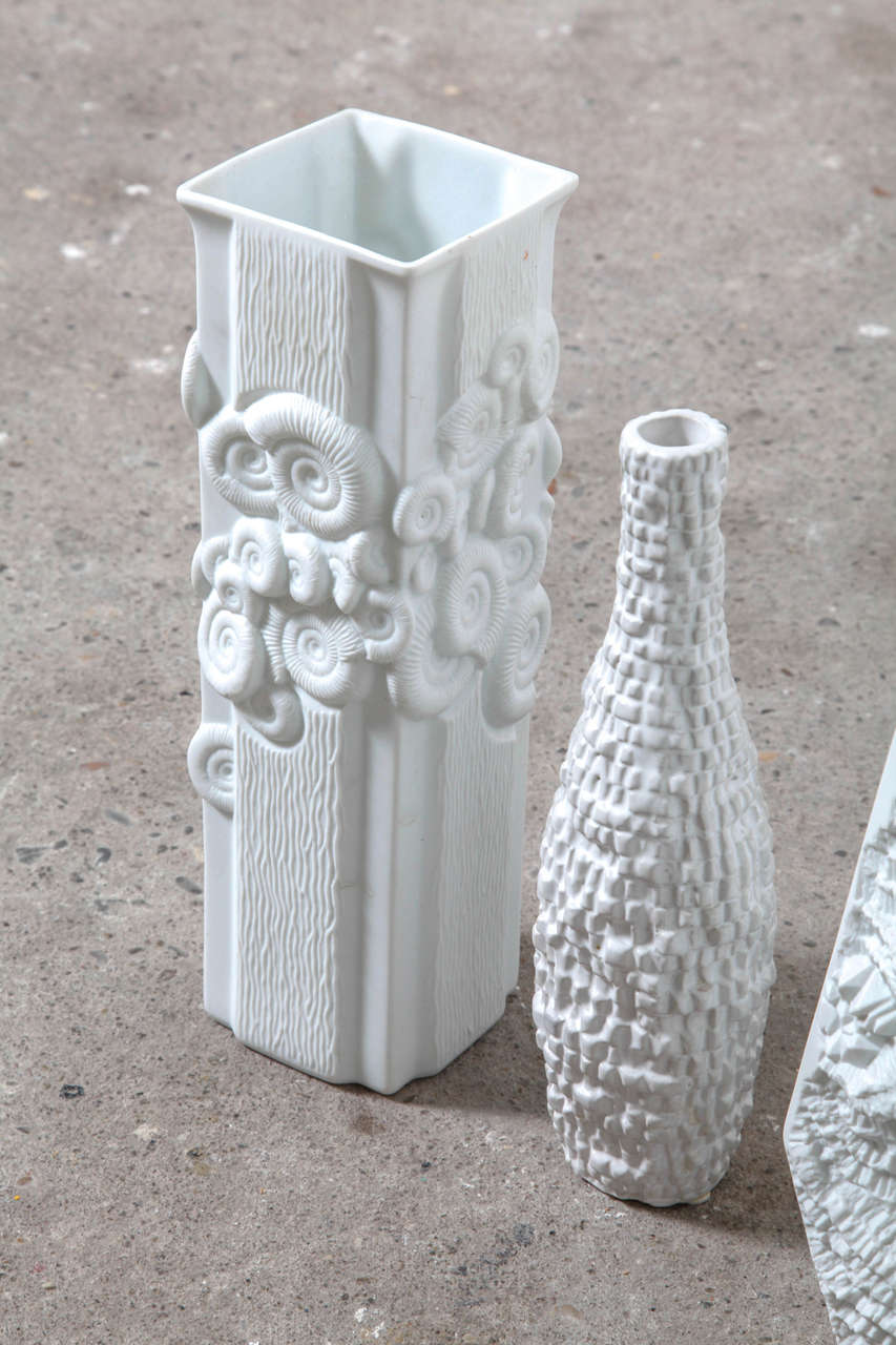 German Group of Textural Ammonite White Porcelain Vases Designed by Kaiser