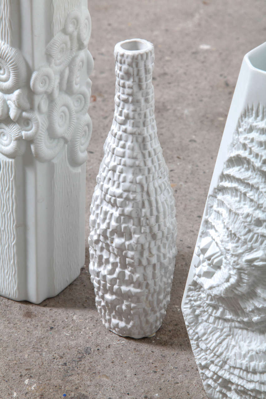 Molded Group of Textural Ammonite White Porcelain Vases Designed by Kaiser